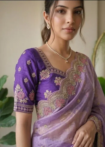 Lavender Fendy Satin Silk Wedding Saree close look
