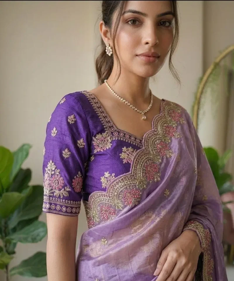 Lavender Fendy Satin Silk Wedding Saree close look
