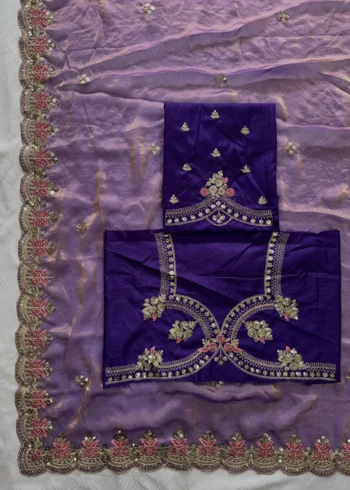 Lavender Fendy Satin Silk Wedding Saree open blouse work