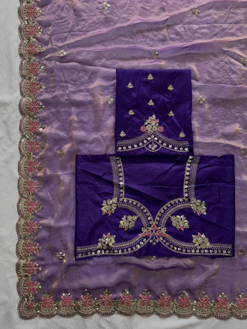 Lavender Fendy Satin Silk Wedding Saree open blouse work