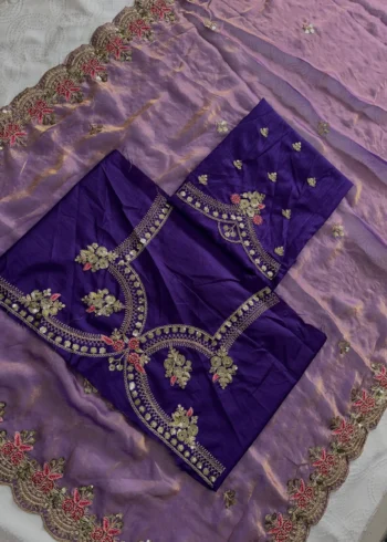 Lavender Fendy Satin Silk Wedding Saree close blouse design