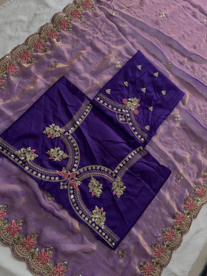 Lavender Fendy Satin Silk Wedding Saree close blouse design