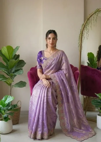 Lavender Fendy Satin Silk Wedding Saree sitting pose