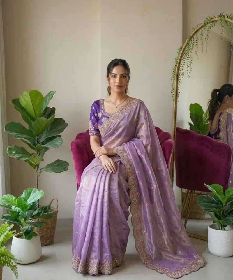 Lavender Fendy Satin Silk Wedding Saree sitting pose