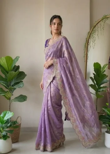 Lavender Fendy Satin Silk Wedding Saree side look