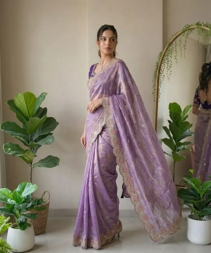 Lavender Fendy Satin Silk Wedding Saree side look