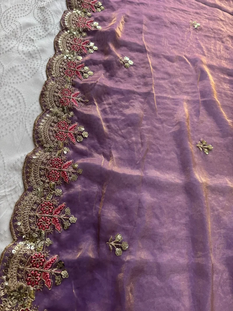Lavender Fendy Satin Silk Wedding Saree close border work