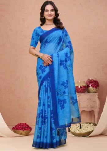 blue colour Linen Cotton Saree for Daily Office and Casual Wear