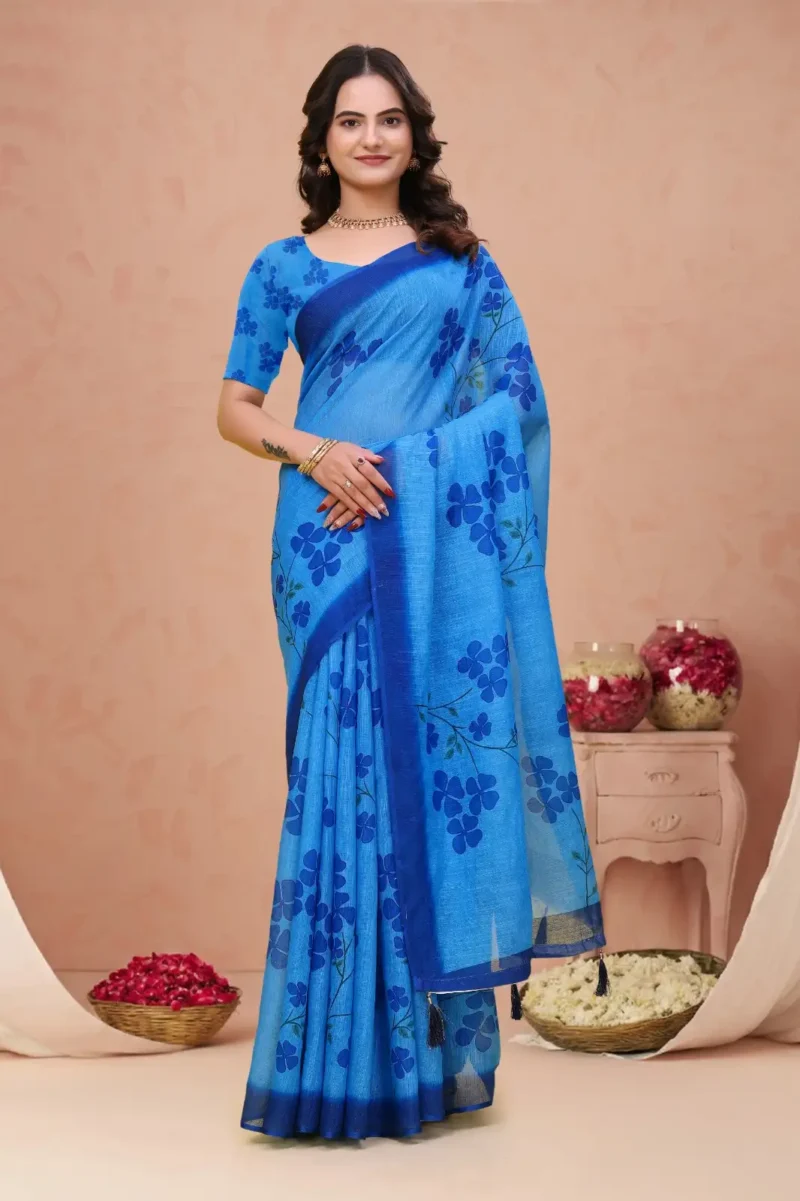 blue colour Linen Cotton Saree for Daily Office and Casual Wear