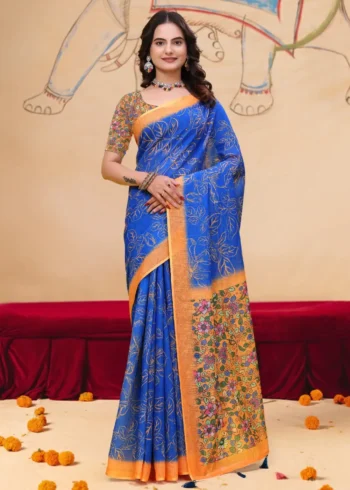 blue Linen Cotton Saree for Daily Office and Casual Wear