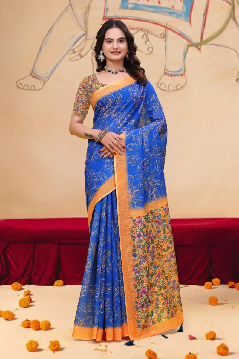 blue Linen Cotton Saree for Daily Office and Casual Wear