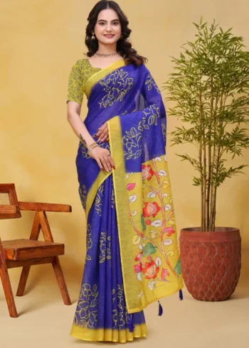 blue Linen Cotton Saree for Daily Office and Casual Wear