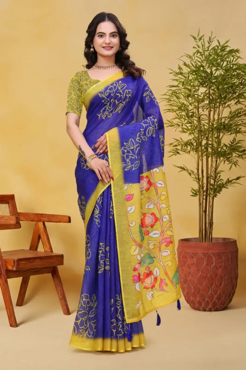 blue Linen Cotton Saree for Daily Office and Casual Wear