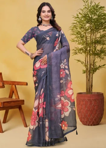 grey Linen Cotton Saree for Daily Office and Casual Wear