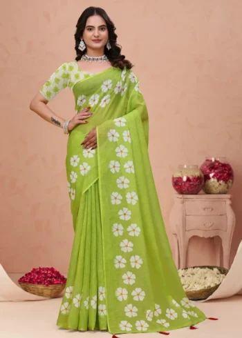 parrot Linen Cotton Saree for Daily Office and Casual Wear