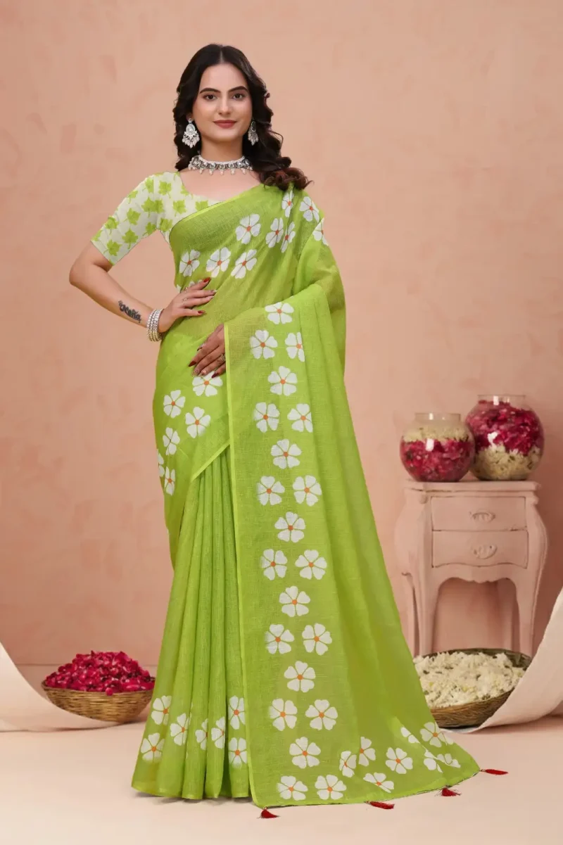parrot Linen Cotton Saree for Daily Office and Casual Wear