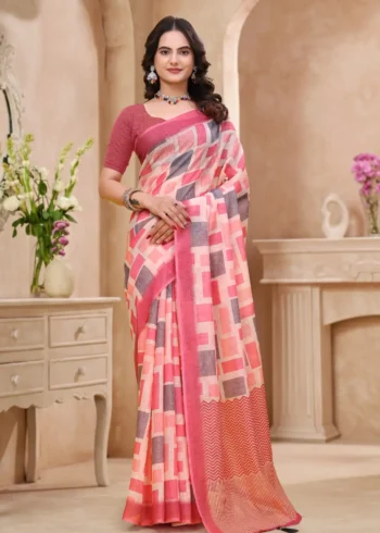peach Linen Cotton Saree for Daily Office and Casual Wear