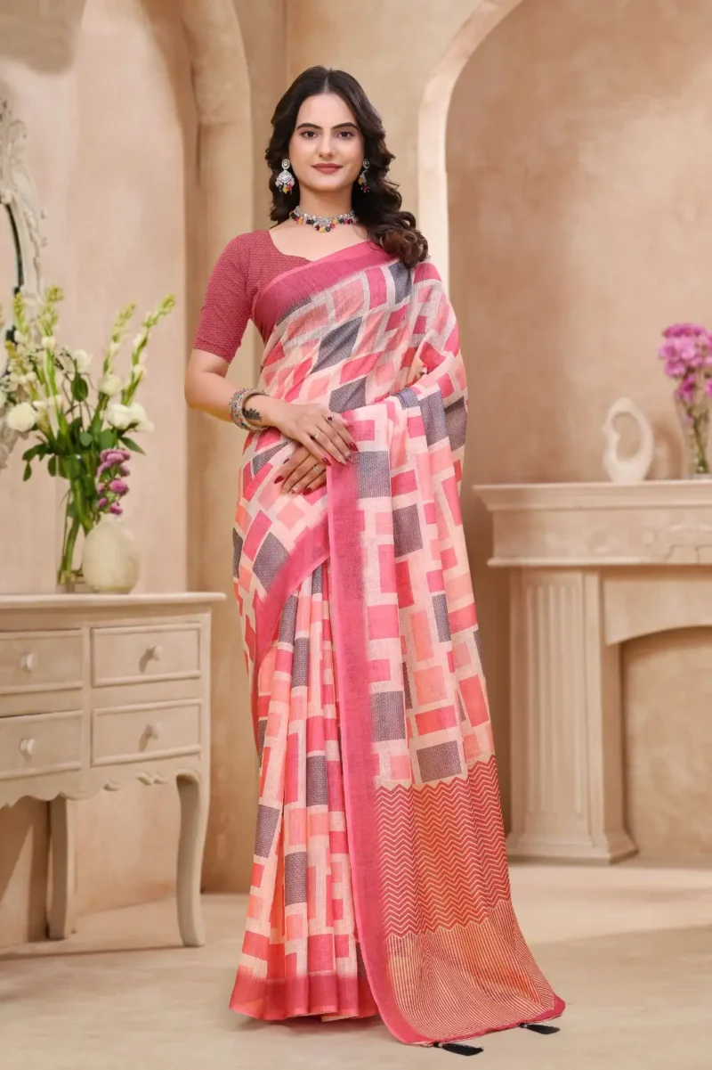 peach Linen Cotton Saree for Daily Office and Casual Wear