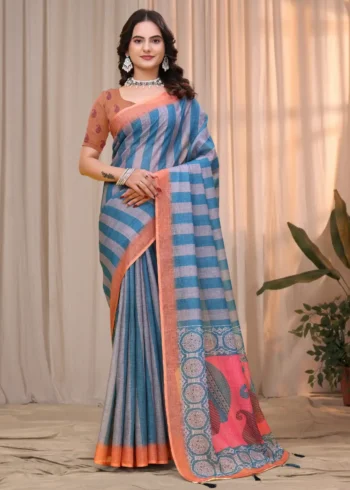 Multicolour blue Linen Cotton Saree for Daily Office and Casual Wear