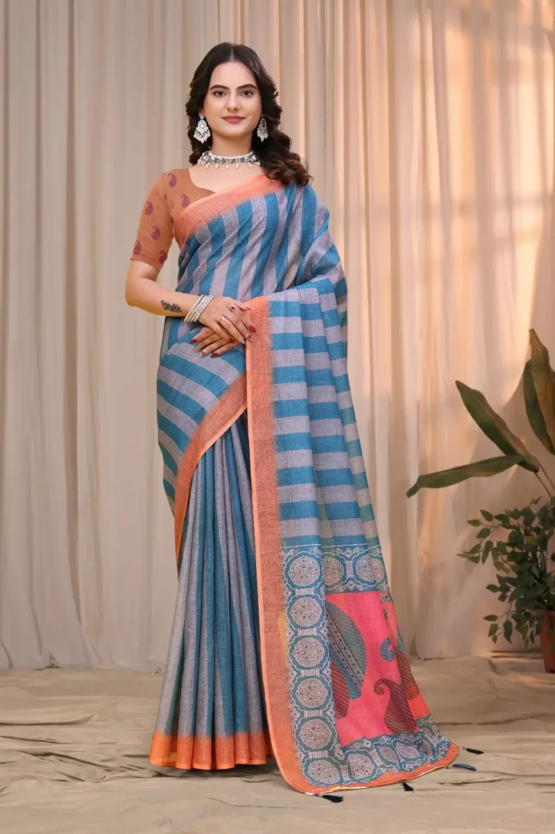 Multicolour blue Linen Cotton Saree for Daily Office and Casual Wear