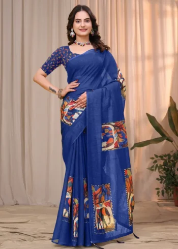 navy blue Linen Cotton Saree for Daily Office and Casual Wear