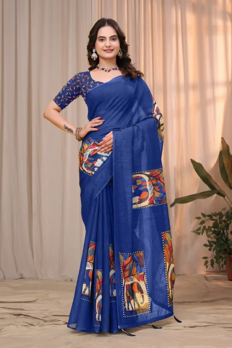 navy blue Linen Cotton Saree for Daily Office and Casual Wear