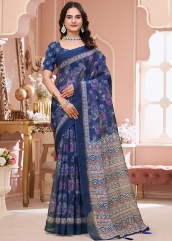 navy blue Linen Cotton Saree for Daily Office and Casual Wear