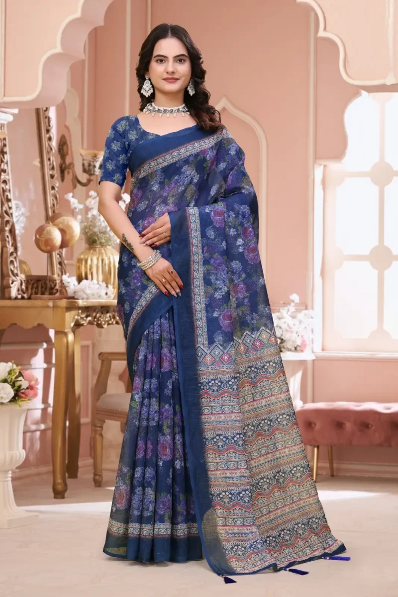 navy blue Linen Cotton Saree for Daily Office and Casual Wear