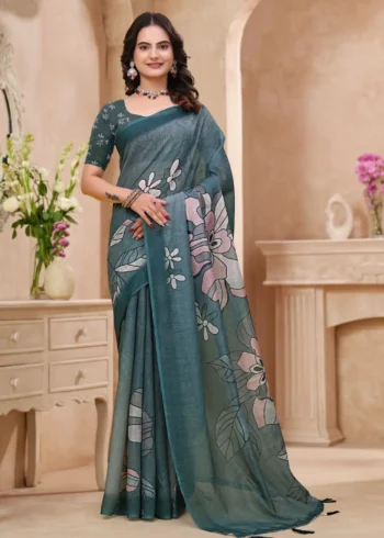 olive Linen Cotton Saree for Daily Office and Casual Wear