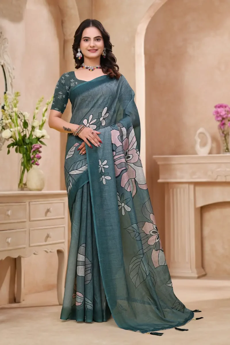 olive Linen Cotton Saree for Daily Office and Casual Wear