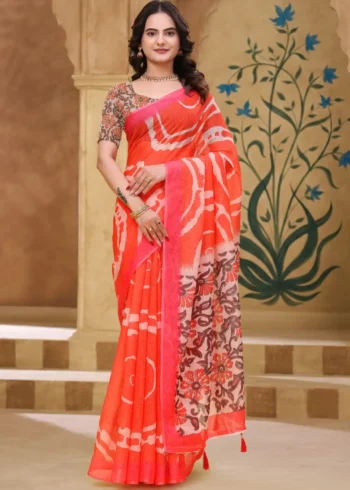 orange Linen Cotton Saree for Daily Office and Casual Wear