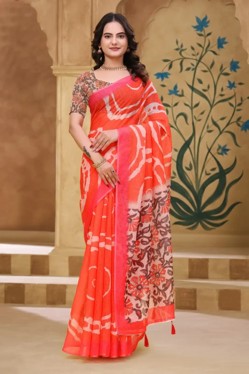 orange Linen Cotton Saree for Daily Office and Casual Wear