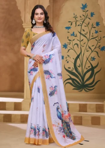 off white Linen Cotton Saree for Daily Office and Casual Wear