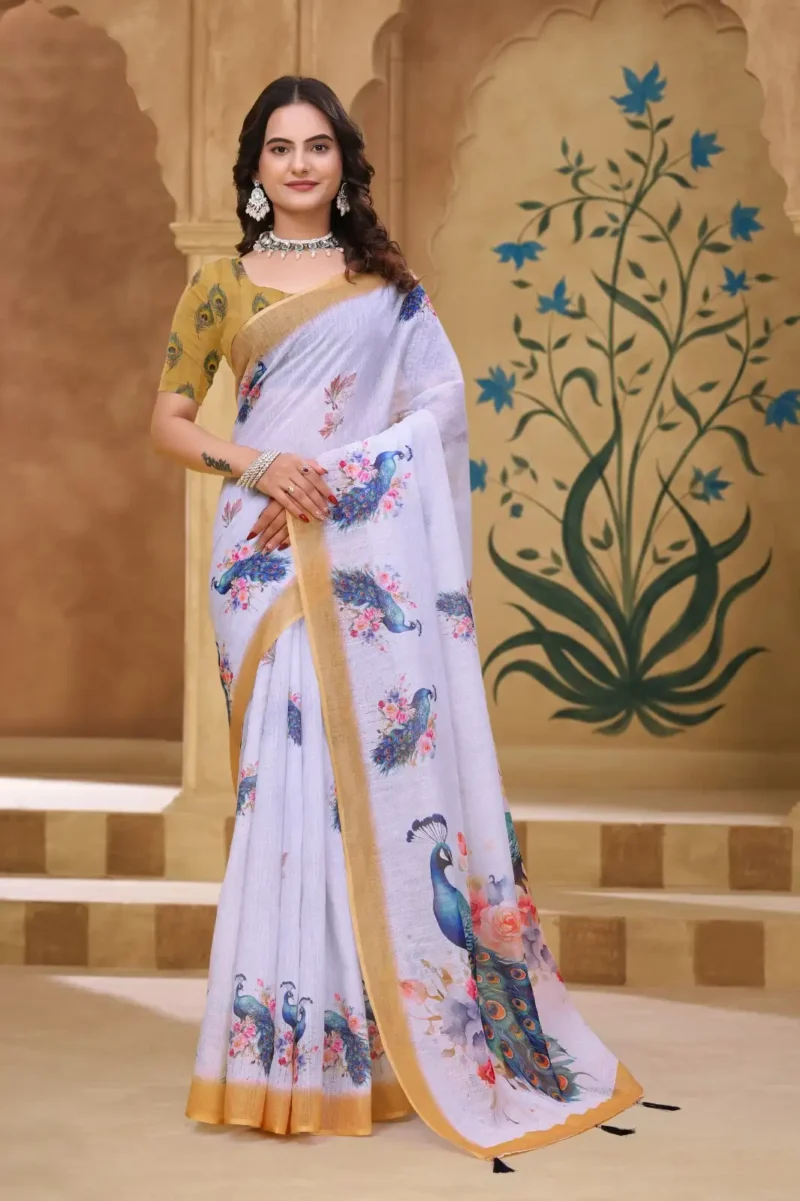 off white Linen Cotton Saree for Daily Office and Casual Wear