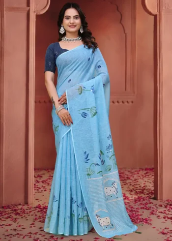 Powder blue Linen Cotton Saree for Daily Office and Casual Wear