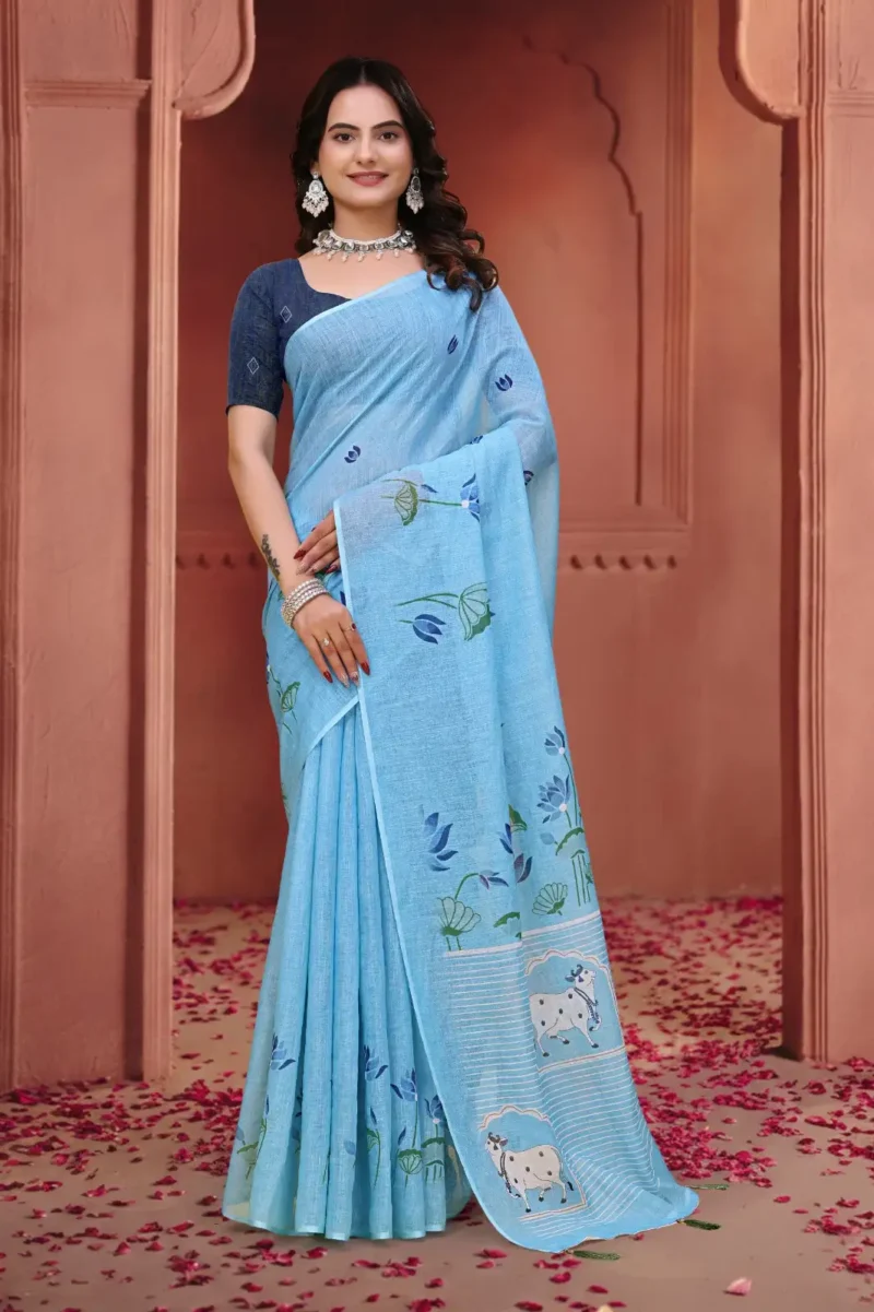 Powder blue Linen Cotton Saree for Daily Office and Casual Wear
