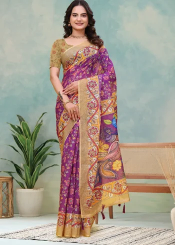 Purple Linen Cotton Saree for Daily Office and Casual Wear