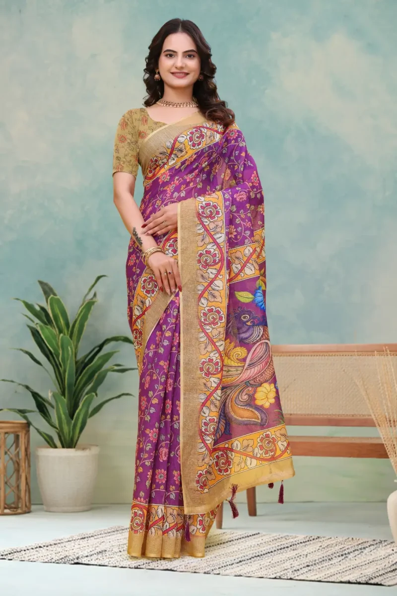 Purple Linen Cotton Saree for Daily Office and Casual Wear
