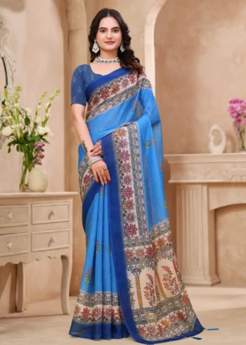 Blue Linen Cotton Saree for Daily Office and Casual Wear