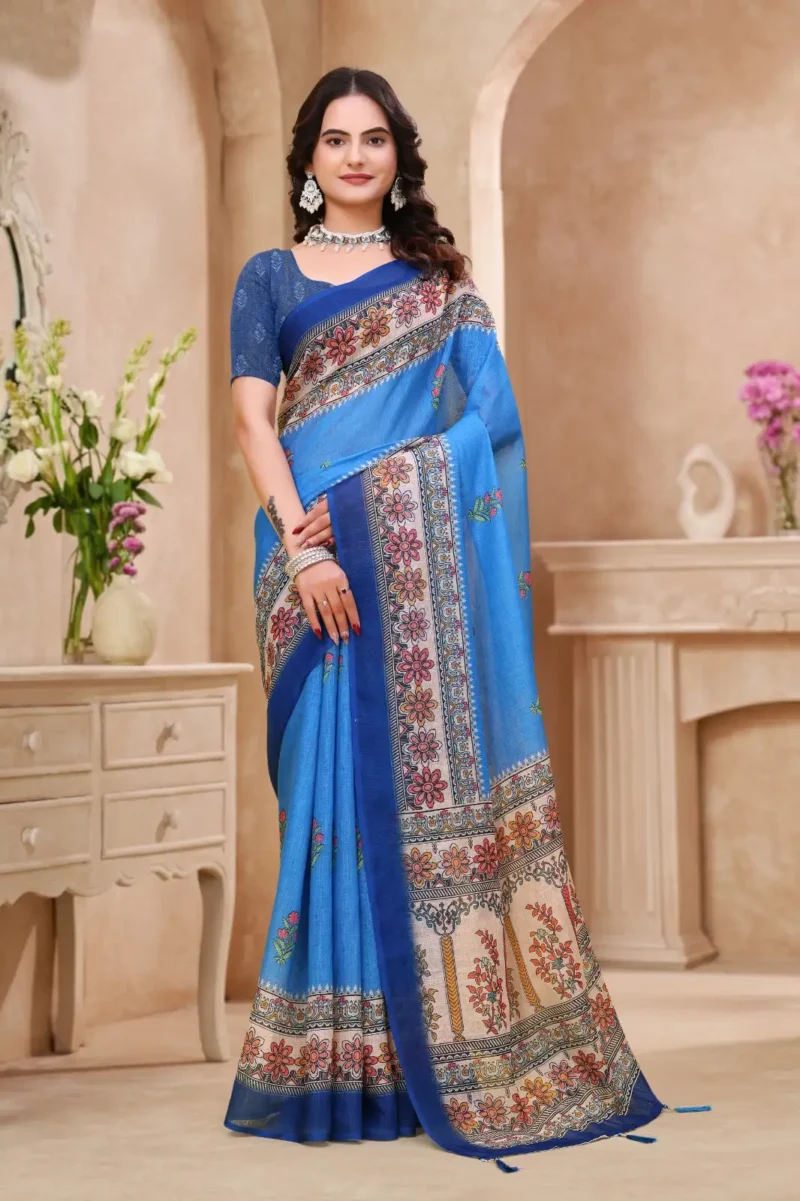 Blue Linen Cotton Saree for Daily Office and Casual Wear