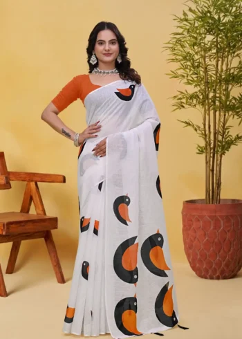 White Linen Cotton Saree for Daily Office and Casual Wear