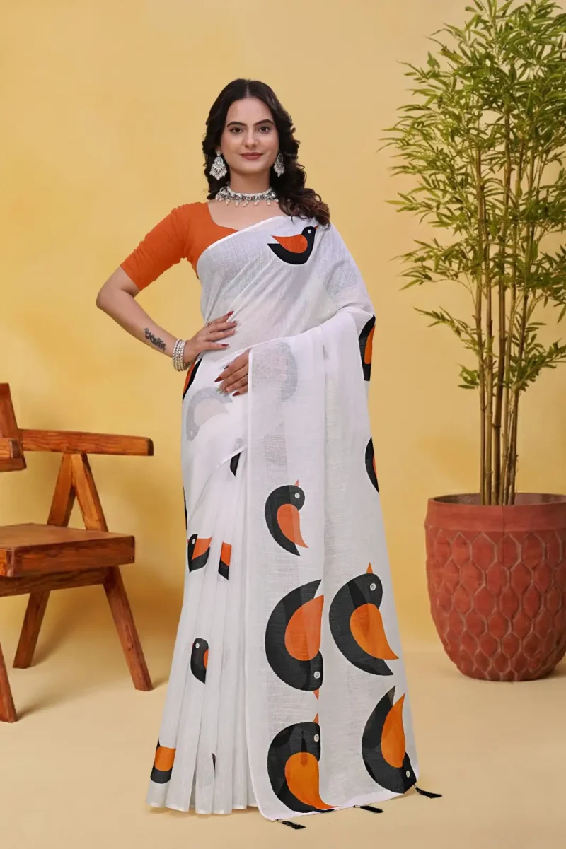 White Linen Cotton Saree for Daily Office and Casual Wear