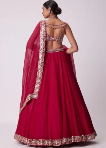 Luxury Red Organza Silk Wedding Lehenga Choli with Paper Mirror Work back design