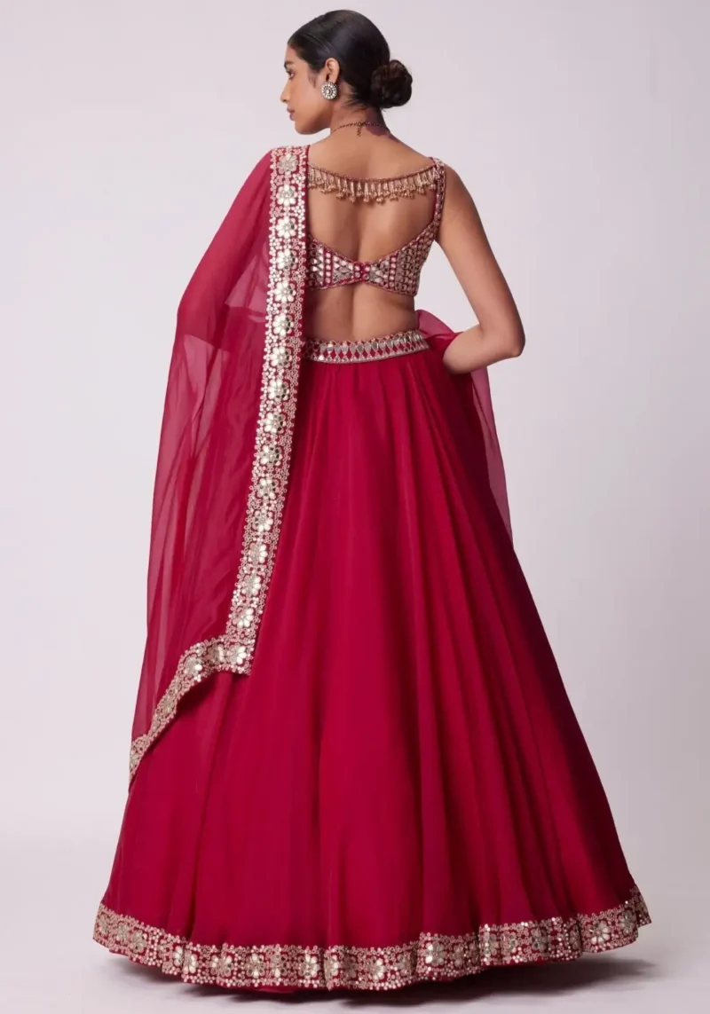 Luxury Red Organza Silk Wedding Lehenga Choli with Paper Mirror Work back design