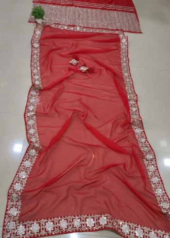 Luxury Red Organza Silk Wedding Lehenga Choli with Paper Mirror Work live dupatta