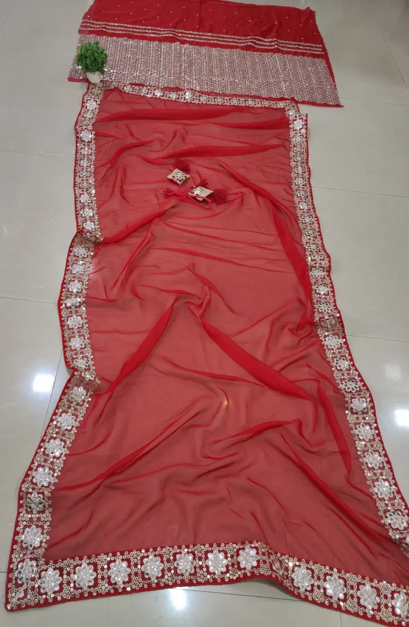 Luxury Red Organza Silk Wedding Lehenga Choli with Paper Mirror Work live dupatta