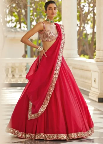 Luxury Red Organza Silk Wedding Lehenga Choli with Paper Mirror Work side look