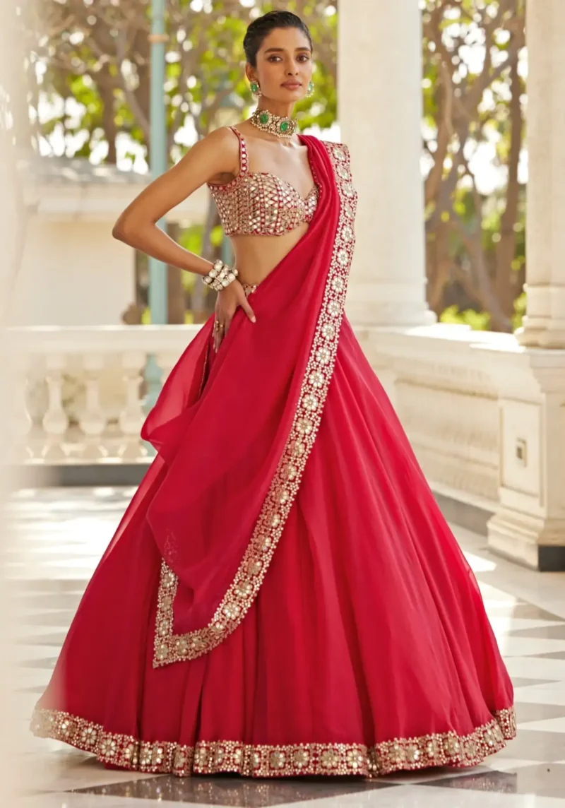 Luxury Red Organza Silk Wedding Lehenga Choli with Paper Mirror Work side look