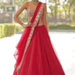 Luxury Red Organza Silk Wedding Lehenga Choli with Paper Mirror Work model look