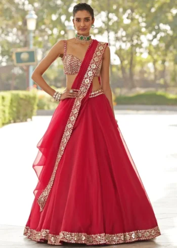 Luxury Red Organza Silk Wedding Lehenga Choli with Paper Mirror Work model look